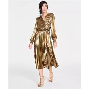I.N.C. International Concepts Metallic Gold Pleated Surplice Midi Dress Small